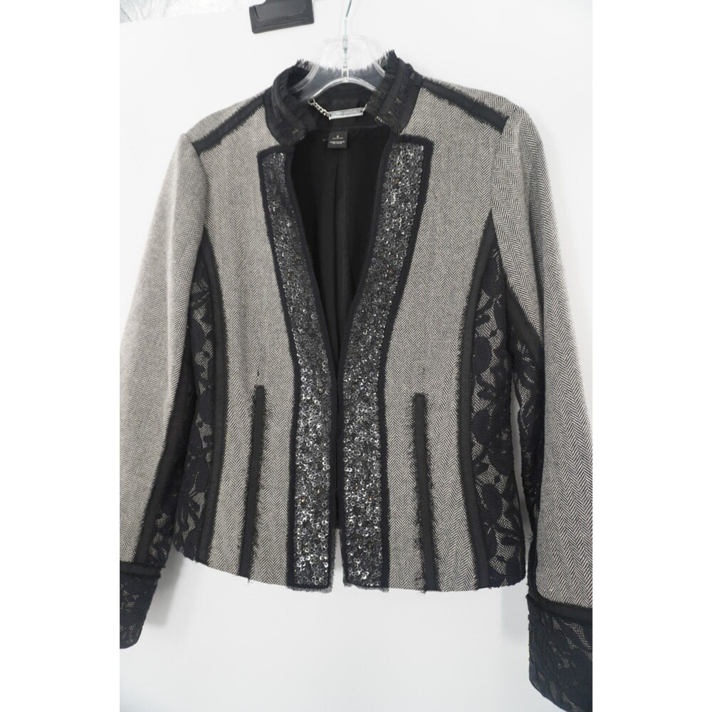 White House Black Market Size 6 Blazer Herringbone Lace Sequin Jacket Wool Blend